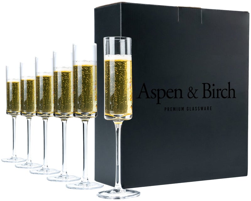 Aspen & Birch أسبن وبيرش - مجموعة كؤوس الشمبانيا الحديثة من 6 - كؤوس الشمبانيا - كؤوس الميموزا، زجاج كريستالي، شفاف، 6 أونصات، كؤوس شمبانيا مصنوعة يدويًا - مصنوعة يدويًا بواسطة الحرفيين - Image 1